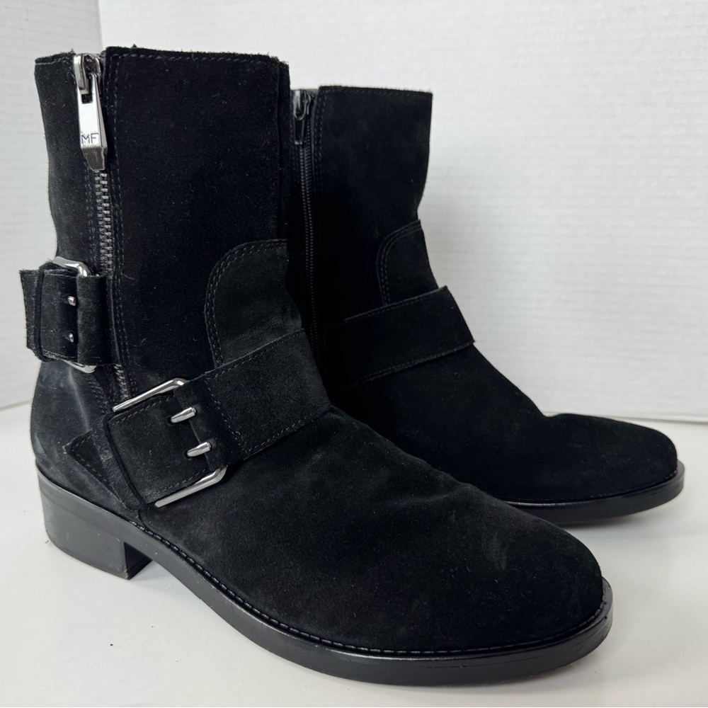 Marc Fisher Parole Black Leather Suede Buckle Moto Biker Combat Style Boots